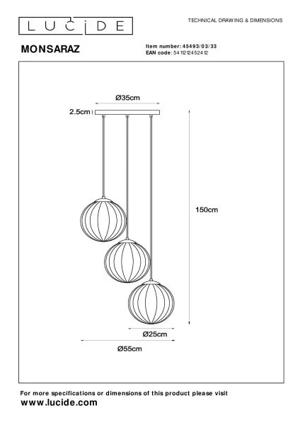 Lucide MONSARAZ - Pendelleuchten - Ø 35 cm - 3xE27 - Grün - technisch